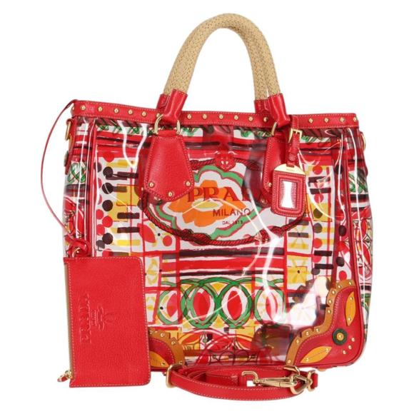 PRADA Hand Bag Vinyl 2way Red Gold Auth 131695V - Picture 1 of 16